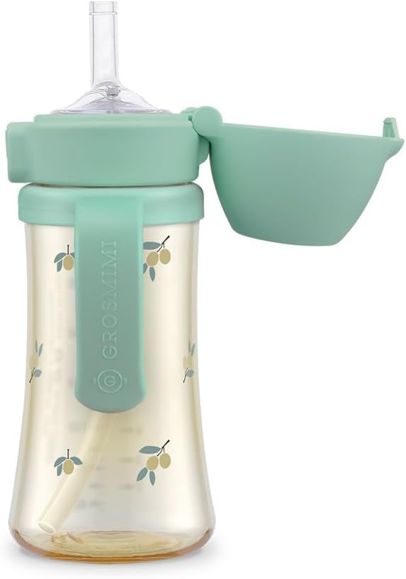 GROSMIMI Flip Top Spill Proof Sippy Cup, PPSU, BPA Free, 10 oz, Stage 2 Straw for Toddlers (Olive)