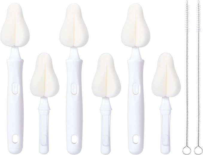 Carebabymore 8 Pcs Sponge Nipple Bottle Brushes, Baby Bottle Brush with 3 Pcs Nipple Cleaner, 3 Pcs Replacement Heads and 2 Pcs Straw Brushes, White
