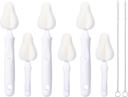 Carebabymore 8 Pcs Sponge Nipple Bottle Brushes, Baby Bottle Brush with 3 Pcs Nipple Cleaner, 3 Pcs Replacement Heads and 2 Pcs Straw Brushes, White