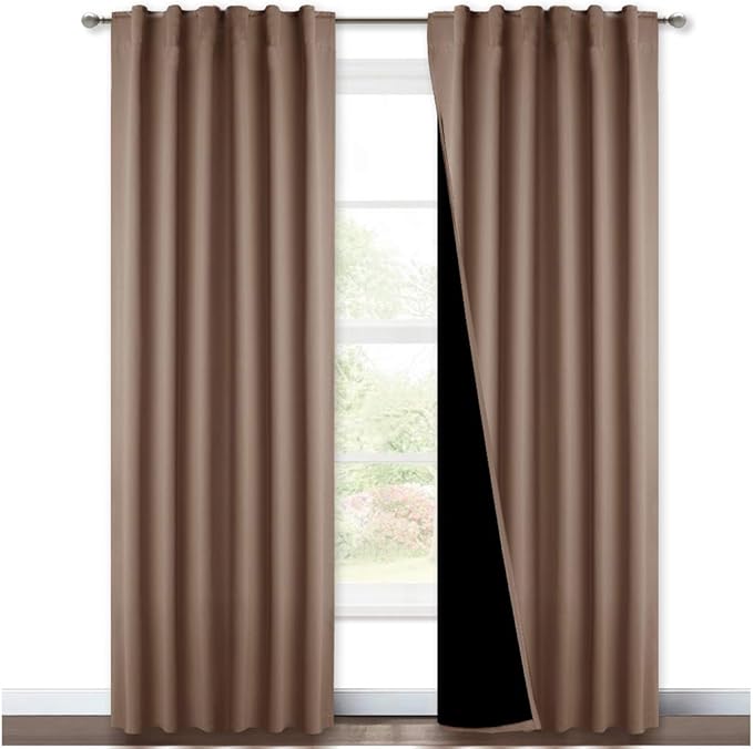 NICETOWN Complete Blackout Shades with Rod Pocket/Back Tab for Large Window, 100% Blackout Window Curtain Panels with Black Lined, 52 inches Width Each Panel, 95 inches Length, Cappuccino, 2 Pieces