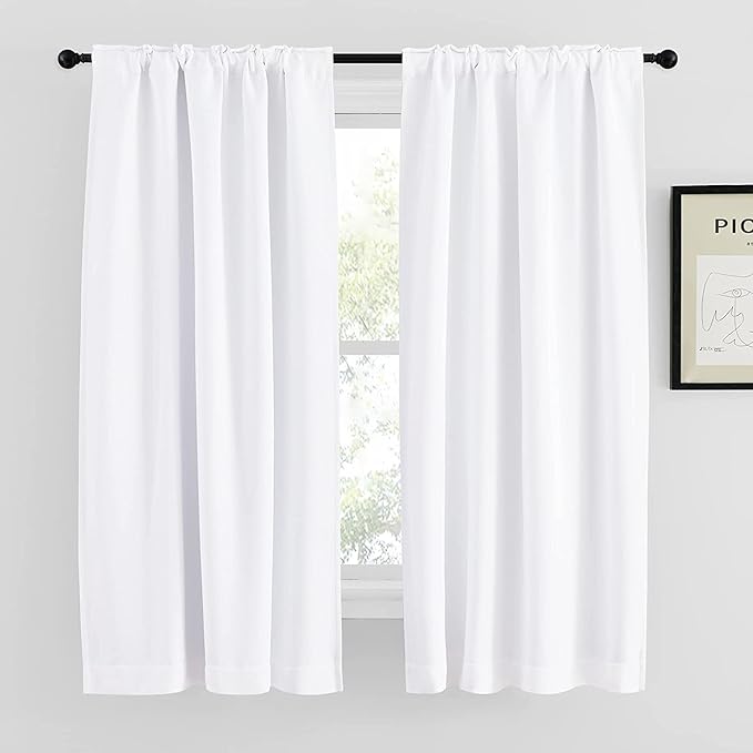 NICETOWN 100% Blackout Window Curtain Panels 48 inches Long, Cold and Full Light Blocking Drapes with Black Liner, Thermal Insulated Draperies for Cafe (White, 2 Pieces, 42 inches Wide Each Panel)