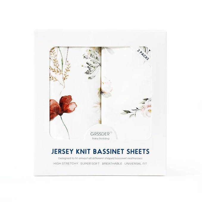 GRSSDER Ultra Soft Bassinet Sheets 2 Pack, Stretchy Breathable Knit Bassinet Mattress Sheets for Baby, Universal Fitted Baby Cradle Moses Basket Oval Rectangle Pads Safe and Snug, Stylish Flora