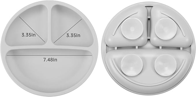 PandaEar Silicone Baby Feeding Set| 2 Divided Suction Plate + 2 Suction Bowl + 2 Tiny Cup with 2 Spoons| Baby Led Weaning Supplies Self Feeding Utensils (Pink Gray)