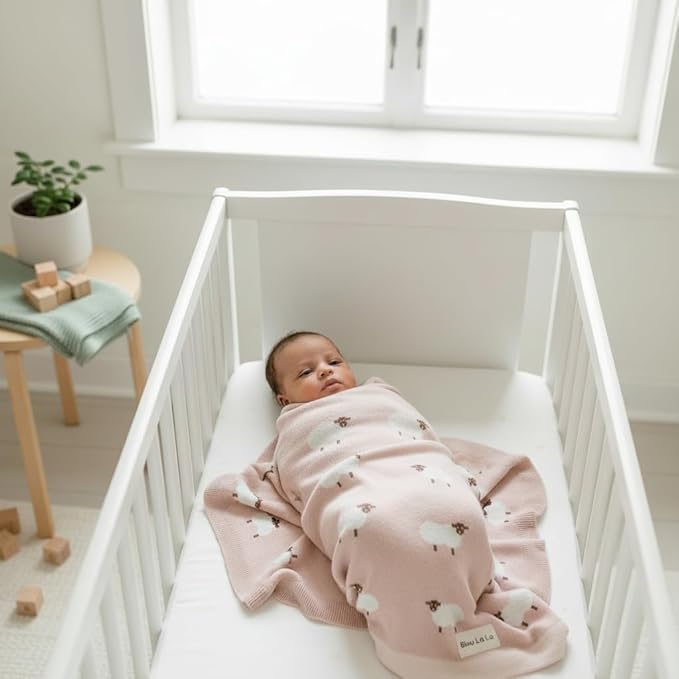 Luxury Knit Baby Receiving Blanket - 100% Cotton Soft Cozy Lightweight Receiving Swaddler Blanket for Shower Gift Registry for Newborns Infants Toddlers (Sheep - Light Pink)