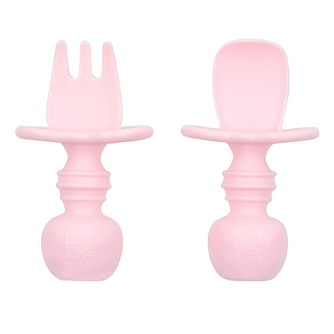Bumkins Baby Utensils Set, Chewtensils Silicone Spoons for Dipping, Self-Feeding, Baby Led Weaning, Trainer Learning, First Stage Eating, Soft Practice Fork and Spoon, Babies 6 Months, Pink