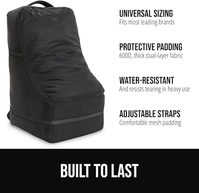 GORILLA GRIP Tear and Water Resistant Padded Car Seat Travel Bag for Airplane and Airport, Universal Fit Baby Carseat Bags, Handle & Shoulder Straps, Air Gate Check Toddler Stroller Carrier, Black
