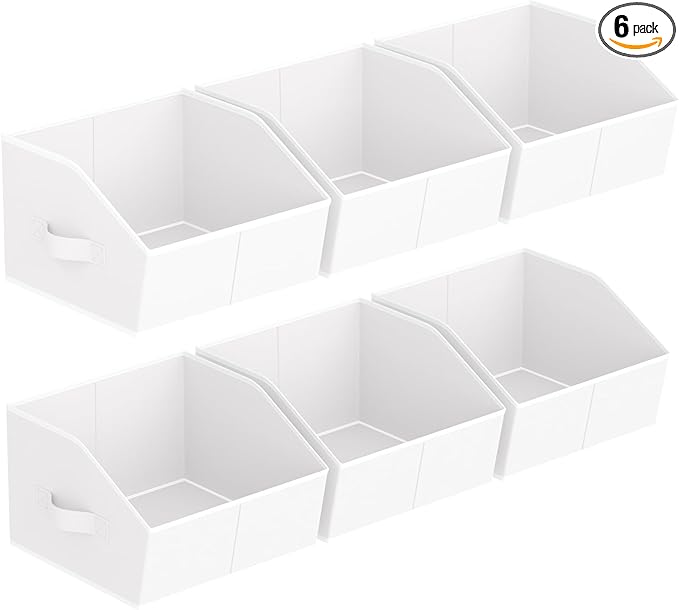 Storage Bins for Shelves - Small Trapezoid Closet Shelf Organizer, Fabric Organization Bins with Handles, Storage Baskets for Clothes, Towel, Purse, 6 Pack, White