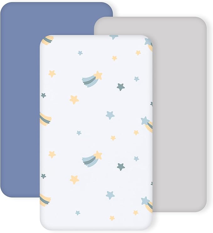 3 Pack Stretchy Bassinet Sheets - Universal Fit for Rectangle, Round, Oval, Hourglass Cradles & Moses Baskets - Soft Breathable Fitted Bassinet Sheets Set for Baby - Blue & Grey Star