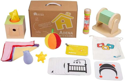 Adena Montessori Play Kit for 0-6 Month Baby,8 in 1 Learning Kit Includ Black&White Card,Rainmake Rattle,Sensory Ball,Tummy Time Wobbler,Tissue Box,Tissue,Rainbow Ball,Rainbow Drum