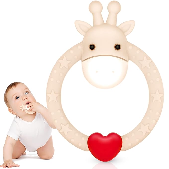 SHARE&CARE Valentines Day Gifts Silicone Giraffe Baby Teether Toy with Storage Case, for 3 Months Above Infant Sore Gums Pain Relief, Baby Teething Toys, Women Gift for Mom, Wife, Her (Cream)