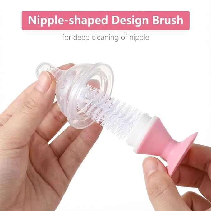 Ariseno 5-in-1 Baby Bottle Brush Set, Including Nylon and Silicone Bottle Brush, Cap, Straw, Nipple Brushes, BPA-Free (Pink)