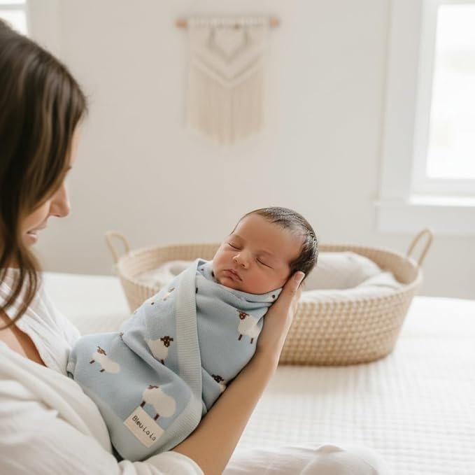 Knit Baby Swaddle Blanket for Boys - 100% Cotton Soft Cozy Lightweight Receiving Swaddling Stroller Quilt Blanket for Newborns Infants Toddlers (Sheep - Baby Blue)
