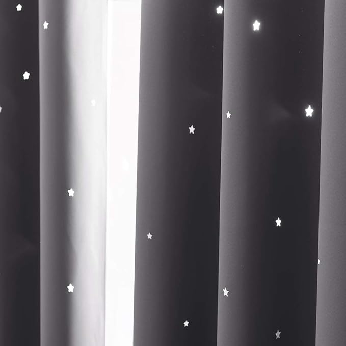 NICETOWN Blackout Curtain with Die-Cut Stars - Starry Night Sleep-Enhancing Cosmic Themed Twinkle Drapes for Baby Nursery, Draft Blocking Draperies (2-Pack, W52 x L84 inches, Gray)