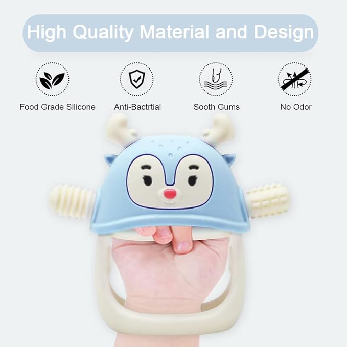 Smily Mia Reindeer Organic Baby Toys 0-6Months, Mitten for 3-6Months, Easy to Hold Stem with Chewing Nubs for Teething Pain Relief for 6-12Months Babies, Ocean Blue