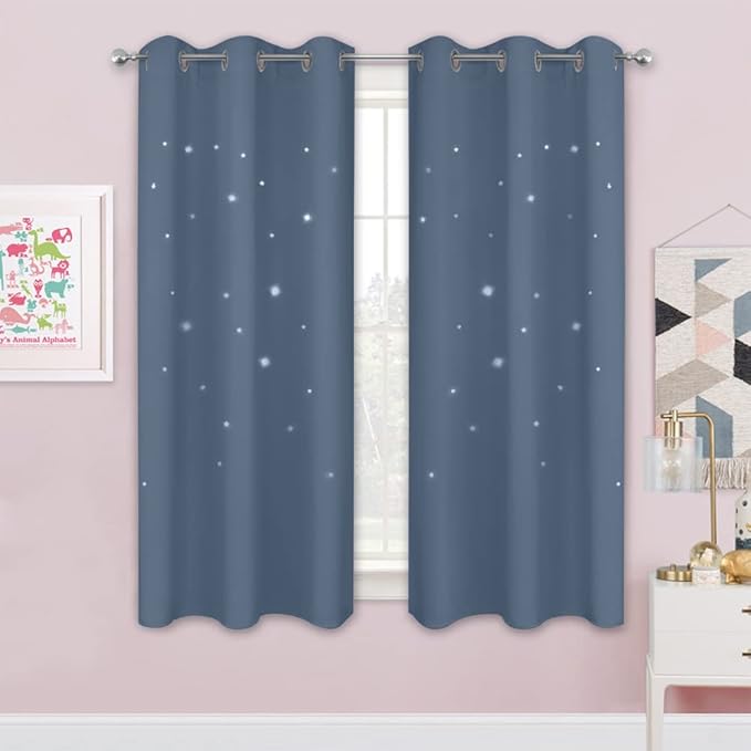 NICETOWN Blackout Star Curtains for Kids Room Boys Girls Twinkle Silver Stars Thermal Insulated Cute Thick Soft Curtain Drapes, Grommet Top, 2 Panels, 42" W x 63" L, Stone Blue