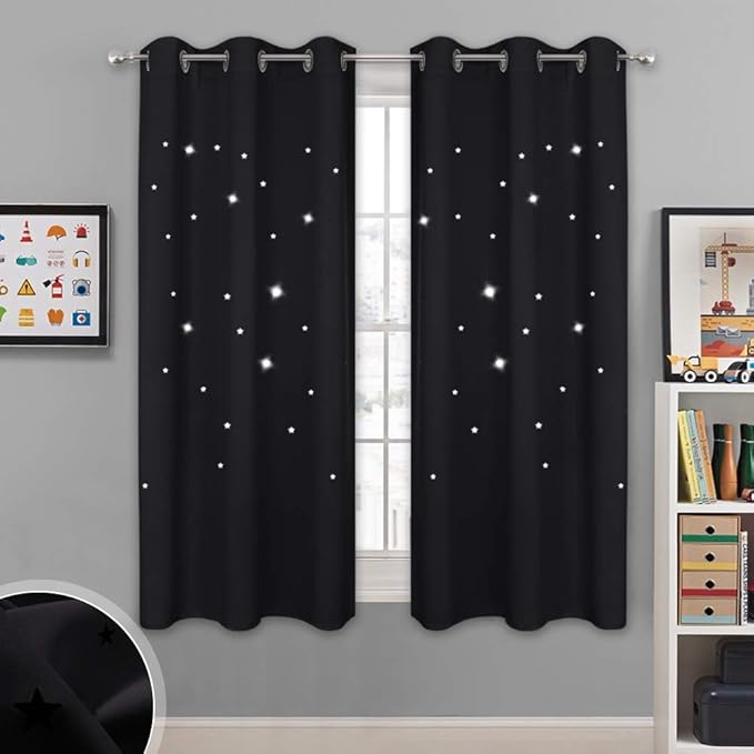 NICETOWN Magic Starry Window Drapes - Laser Cutting Stars Nap Time Blackout Window Curtains for Children's Room, Nursery, Themed Home, Space-Lovers Decor (W42 x L63 inches, 2 Pack, Black)
