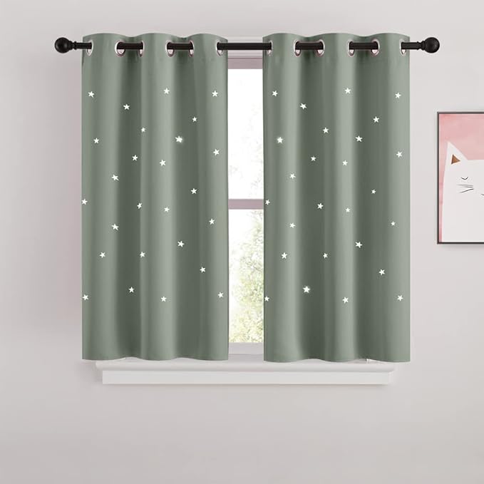 NICETOWN Twinkle Stars Curtains for Kids Room 2 Panels Set Romantic Room Decoration Grommet Blackout Curtains Drapes for Baby Nursery/Thanksgiving, 34 x 45 Inches, Sage Green