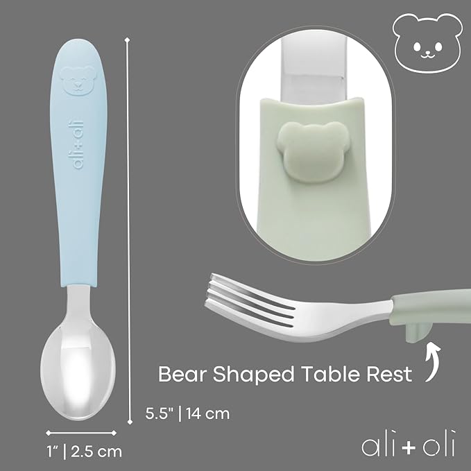 Ali+Oli Toddler Utensils Set (6 Pack) – Stainless Steel Kids Silverware with Soft Silicone Handles, BPA Free Baby Forks and Spoons, Durable Children Flatware Dishwasher Safe for Self Feeding (Bears)