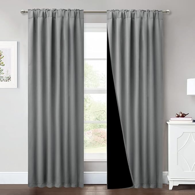 NICETOWN Total Shade Curtains and Draperies, Heavy-Duty Full Light Shading Drapes with Black Liner Backing for Villa/Hall/Dorm Window (Silver Gray, Package of 2, 52-inch Wide x 95-inch Long)
