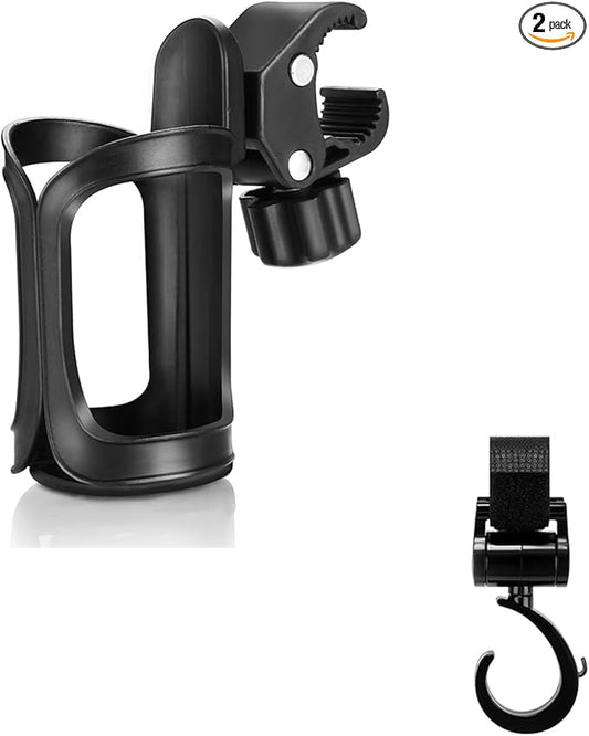 Accmor Stroller Cup Holder with Hook Set, Universal Cup Holder for Uppababy, Nuna, Doona Strollers, 360 ° Rotatable Bottle Holder for Stroller, Bike, Wheelchair, Walker, Scooter, Black