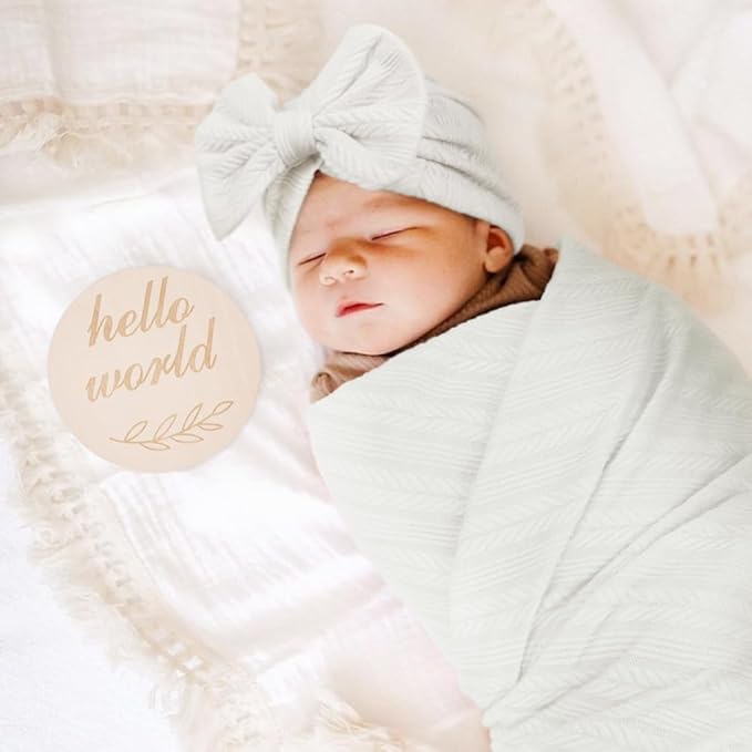 BQUBO Baby Swaddle Blankets for Girls, 4PCS Newborn Accessories Set with Hat and Bow Headband with Hello World Wooden Birth Announcement Card, Baby Blankets for Girls (White)
