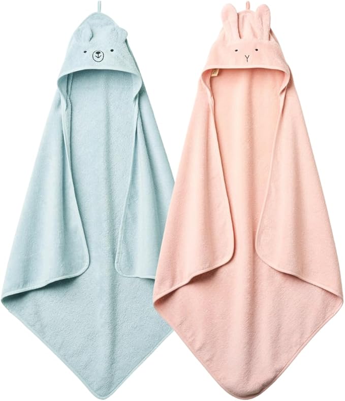 Baby Hooded Towel – Organic Cotton Baby Bath Towels, 32" x 32" Super-Soft and Absorbent Baby Towels for Newborn 2-Pack (Rabbit Blush/Bear Baby Blue)