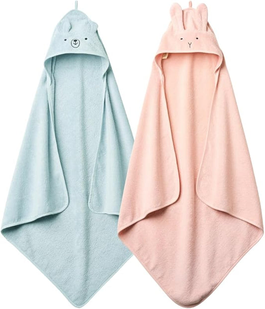 Baby Hooded Towel – Organic Cotton Baby Bath Towels, 32" x 32" Super-Soft and Absorbent Baby Towels for Newborn 2-Pack (Rabbit Blush/Bear Baby Blue)