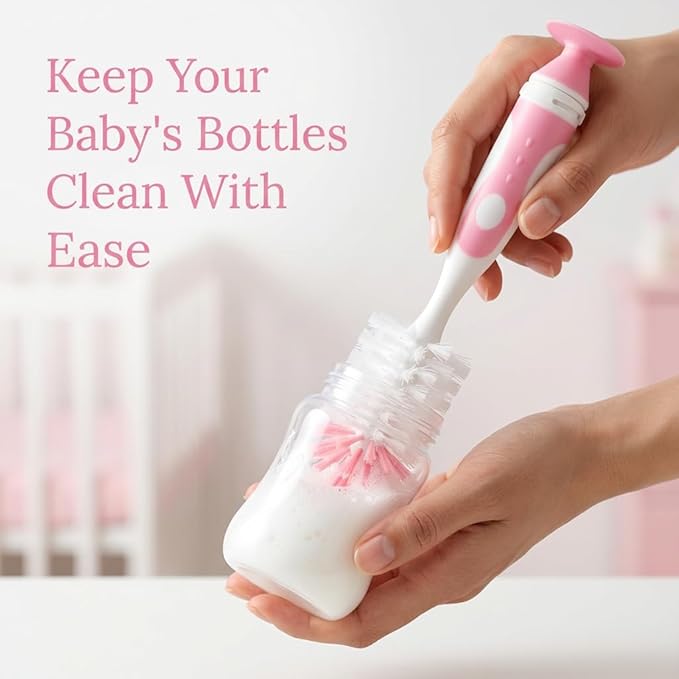 Ariseno 5-in-1 Baby Bottle Brush Set, Including Nylon and Silicone Bottle Brush, Cap, Straw, Nipple Brushes, BPA-Free (Pink)