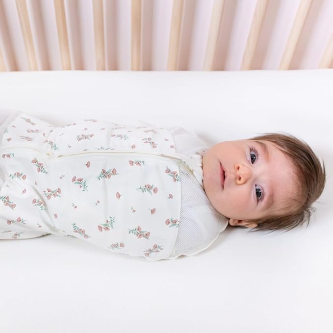 Happiest Baby Sleepea 5-Second Swaddle - 100% Organic Cotton Baby Swaddle Blanket - Doctor Designed Promotes Healthy Hip Development (Ivory Wildflowers, Small)