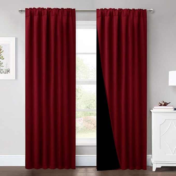 NICETOWN Red 100% Blackout Curtains with Black Liner Backing, Cold Reducing Thermal Insulated Curtains for Living Room, Noise Reducing Drapes, 52 inches x 84 inches Per Panel, Set of 2