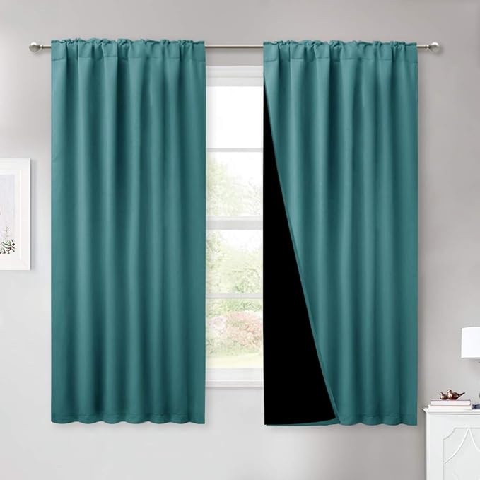 NICETOWN Bedroom Curtains Blackout Drapes, Thermal Insulated Black Liner Curtains for Nursery Room, Cold Blocking Back Tab Drapes for Windows (Set of 2, Sea Teal, 52-inch Wide by 63-inch Long)