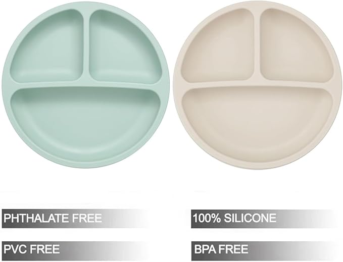 PandaEar Baby Feeding Set| 2 Pack Silicone Divided Suction Plate, 2 Set Toddler Spoons & Forks| Baby Led Weaning Supplies Self Feeding Eating Utensils (Green & White)