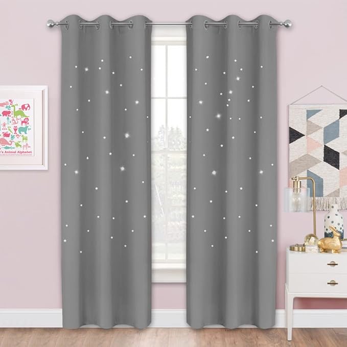 NICETOWN Kids Blackout Curtains with Star Hollow-Out for Bedroom, Grommet Thermal Insulted Galaxy Window Curtains for Nursery Living Room, 42" W x 63" L, 2 PCS, Silver Grey