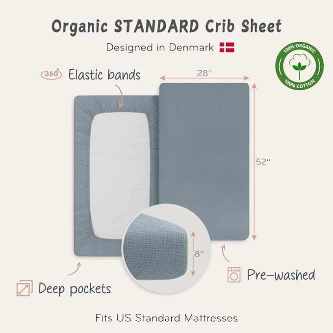 Crib Sheets – Organic Cotton Muslin Fitted Crib Sheet – Standard Size for Baby Boy and Baby Girl 28" x 52" Ultra-Soft and Breathable. (Tradewinds)