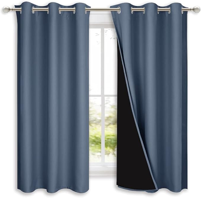 NICETOWN 100% Blackout Curtains with Black Liners, Home Decor Thermal Insulated Full Blackout 2-Layer Lined Drapes, Energy Efficiency Window Draperies for Bedroom (Stone Blue, 2 Panels, 42"W by 63"L)