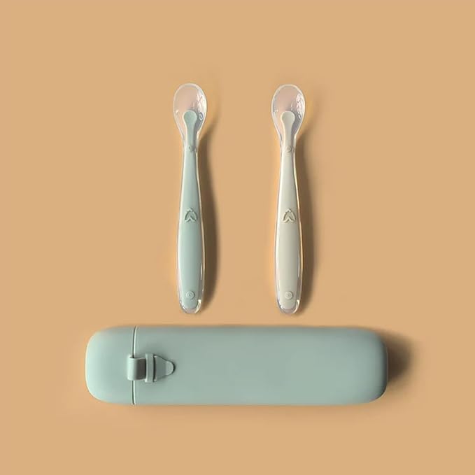 LITTLE RAWR Silicone Baby Feeding Spoons with Storage Box, First Stage Infant Soft-Tip Easy on Gums I Training Spoon Self | Utensils Supplies (Green)