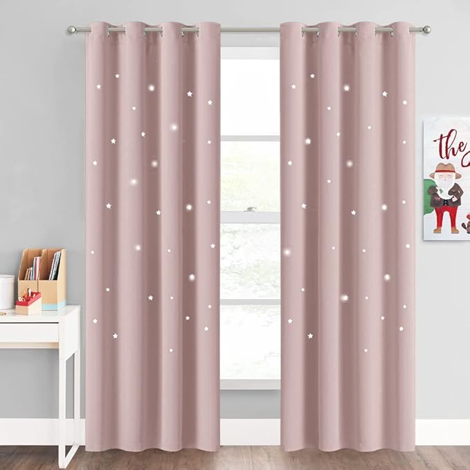 NICETOWN Light Pink Star Blackout Curtains for Kid's Bedroom, Grommet Thermal Insulated Room Darkening Nursery Curtains for Living Room/Thanksgiving, (52 x 84 Inch, Set of 2 Panels)