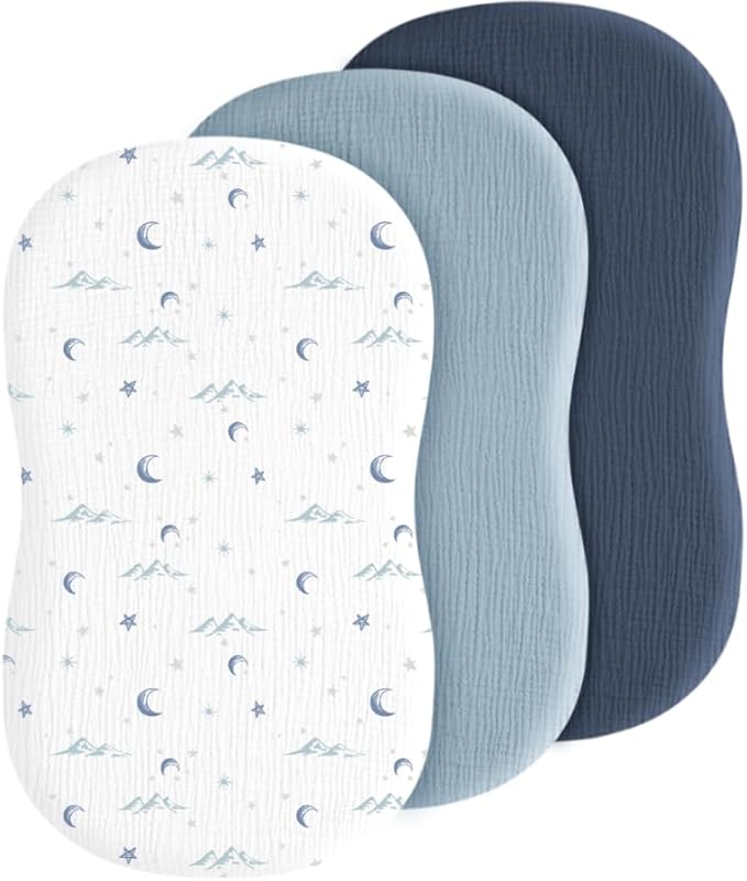 Baby Muslin Bassinet Sheets 3 Pack for Boys & Girls, Soft Breathable Cotton Bassinet Mattress Cover, Universal Fit for Hourglass, Oval, and Rectangle Mattress (Nightfall Blue)