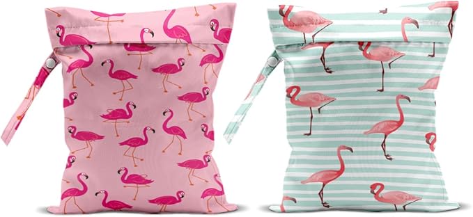 2Pcs Flamingo Print Wet Bags, Wet Dry Bag Reusable Zipper Pouch for Swimsuit, Diapers, Pool, Beach, Dirty Yoga Gym Clothes, Toiletries, Waterproof Birthday Christmas Gifts
