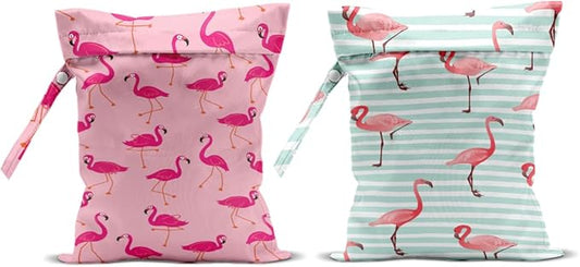 2Pcs Flamingo Print Wet Bags, Wet Dry Bag Reusable Zipper Pouch for Swimsuit, Diapers, Pool, Beach, Dirty Yoga Gym Clothes, Toiletries, Waterproof Birthday Christmas Gifts
