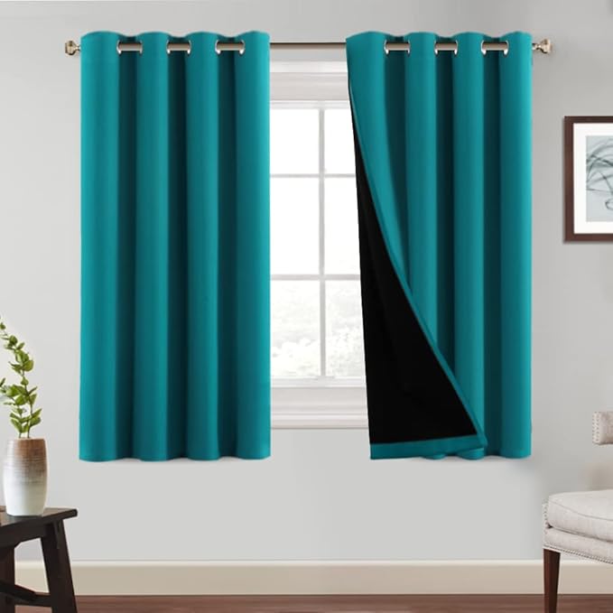 PrinceDeco 100% Blackout Curtains 54 inches Long Completely Blackout Window Treatment Thermal Insulated Lined Drapes with Black Liner for Small Window (1 Pair, Blue)