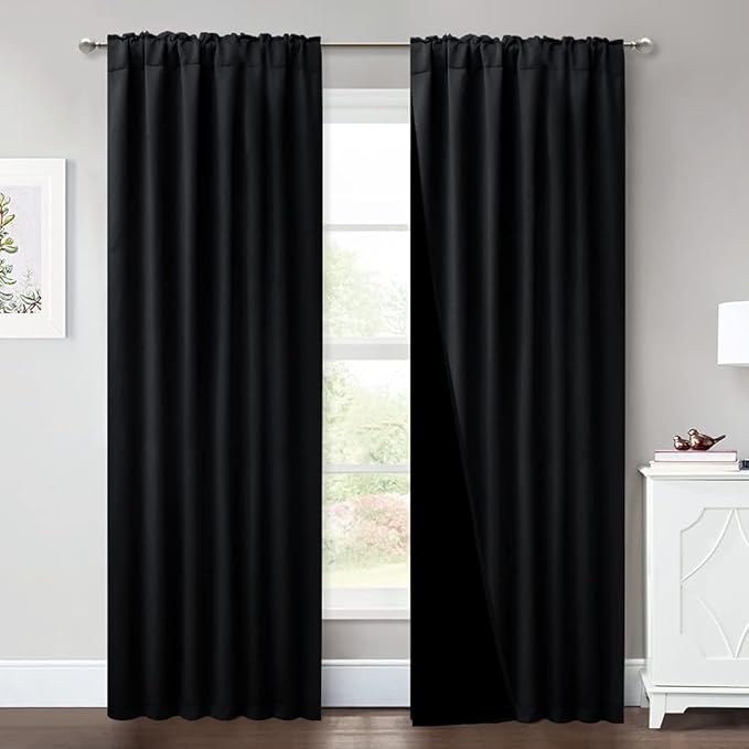 NICETOWN Total Shade Room Warming Curtains and Draperies, Heavy-Duty Full Light Shading Drapes with Black Liner Backing for Villa/Hall/Dorm Window（Black, Package of 2, 52-inch Wide x 95-inch Long