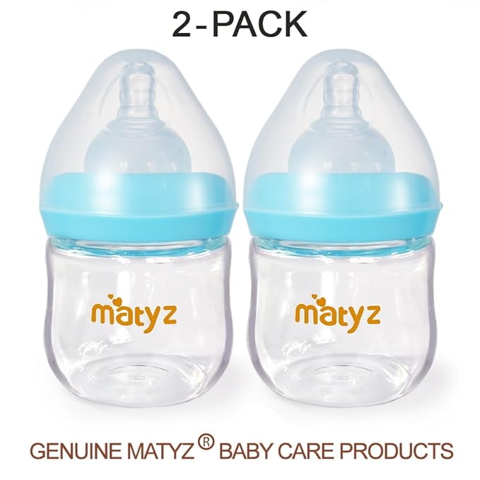 Matyz 2-Pack Glass Baby Breastfeeding Bottles with Caps (Blue, 4Oz) - Wide Neck New Born Bottles for Baby Breastfeeding - 4 Oz Glass Baby Bottles with Lids - Breastfeeding Bottles for Newborn Babies
