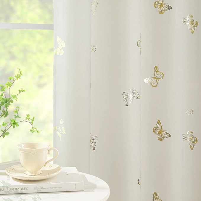Jubilantex Butterfly Blackout Curtains 95" Long for Kids Bedroom, Beige and Gold Print Floral Butterfly Curtains with Black Layer Room Darkening Grommet Window Drapes for Bedroom Girls Room,52x95