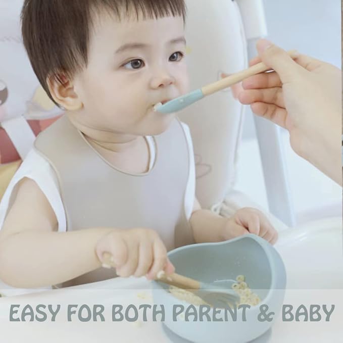 Ginbear Silicone Baby Spoons and Forks Self-feeding 12-18 Months, Soft-Tip Baby Flatware Sets, Toddler Feeding Utensils for Child, 4 Piece Set (Hazy Green/Almond)