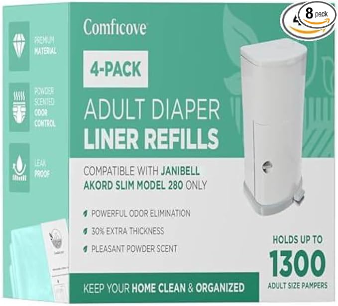 4 Pack Adult Diaper Liner Refills, Compatible with Janibell Akord 280 Slim Model, Adult Diaper System to Eliminate Waste, Odor Resistant by Comficove (4pk)