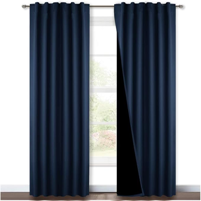 NICETOWN 100% Blackout Cold Reducing Blinds, Rod Pocket and Back Tab Window Treatment Curtains, Thermal Insulated Drapes and Draperies for Villa, Hall and Studio, Navy, Set of 2, 52 inches x 95 inches