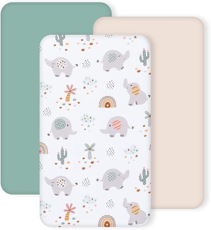 3 Pack Stretchy Bassinet Sheets - Universal Fit for Rectangle, Round, Oval, Hourglass Cradles & Moses Baskets - Soft Breathable Fitted Bassinet Sheets Set for Baby Boy Girl - Mint Green & Elephant