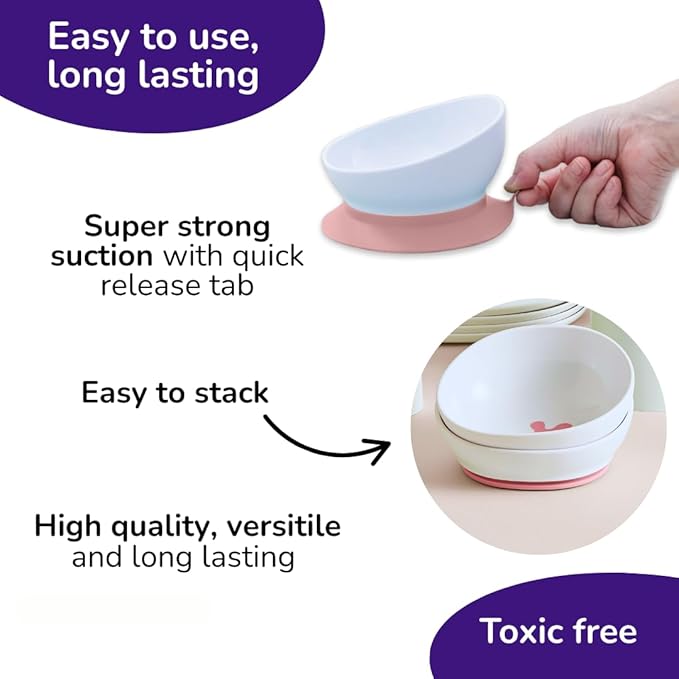 doddl Toddler and Baby Suction Bowl, Ergonomic Toddler Dishes for Self Feeding, 1-3 Year Olds, Dishwasher Safe, BPA Free (Dusky Rose)