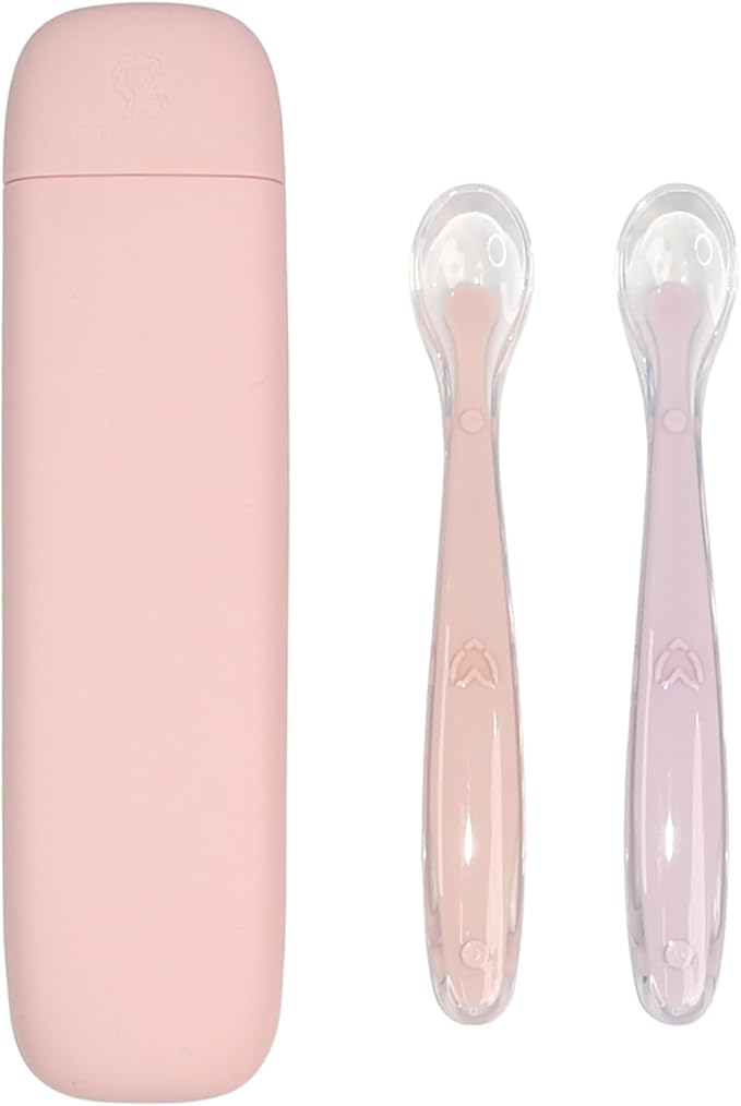 LITTLE RAWR Silicone Baby Feeding Spoons with Storage Box, First Stage Infant Soft-Tip Easy on Gums I Training Spoon Self | Utensils Supplies (Pink)
